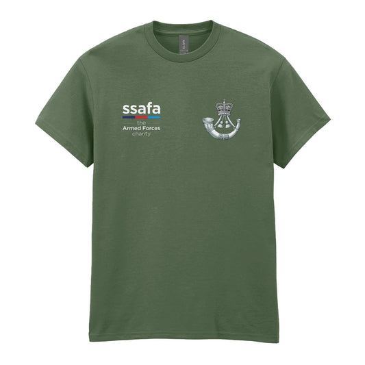 A military green t-shirt showing an MOD licensed The Rifles insignia to left chest and SSAFA logo to right chest.