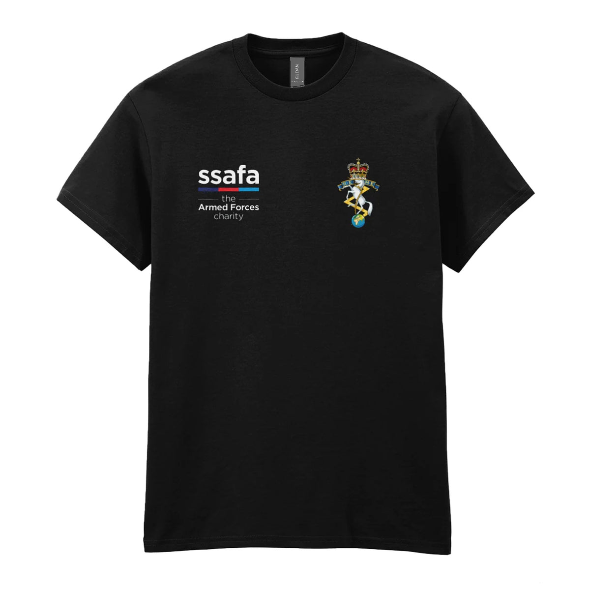 A black t-shirt showing an MOD licensed Royal Electrical and Mechanical Engineers (REME) insignia to left chest and SSAFA logo to right chest.