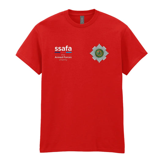 A red t-shirt showing an MOD licensed Scots Guards insignia to left chest and SSAFA logo to right chest.