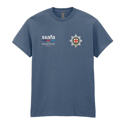 A indigo blue t-shirt showing an MOD licensed Coldstream Guards insignia to left chest and SSAFA logo to right chest.