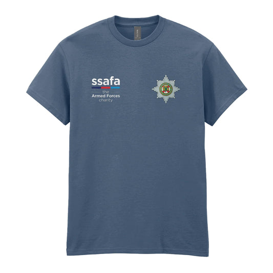 A indigo blue t-shirt showing an MOD licensed Irish Guards insignia to left chest and SSAFA logo to right chest.