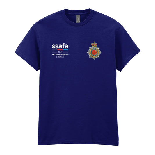 A navy t-shirt showing an MOD licensed Royal Corps of Transport insignia to left chest and SSAFA logo to right chest.