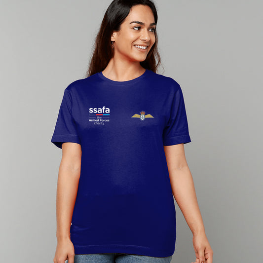 A woman wearing a navy short-sleeve t-shirt with 'ssafa the Armed Forces charity' printed on the right chest and a Fleet Air Arm insignia on the left chest, set against a solid grey studio background.