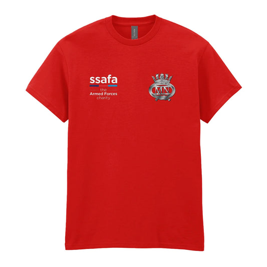 A red t-shirt showing an MOD licensed Merchant Navy insignia to left chest and SSAFA logo to right chest.