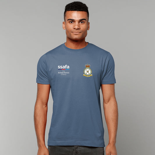 A man wearing indigo blue short-sleeve t-shirt with 'ssafa' and RAF Regiment (Queen's Crown) insignia printed on the chest, photographed against a solid grey studio background.