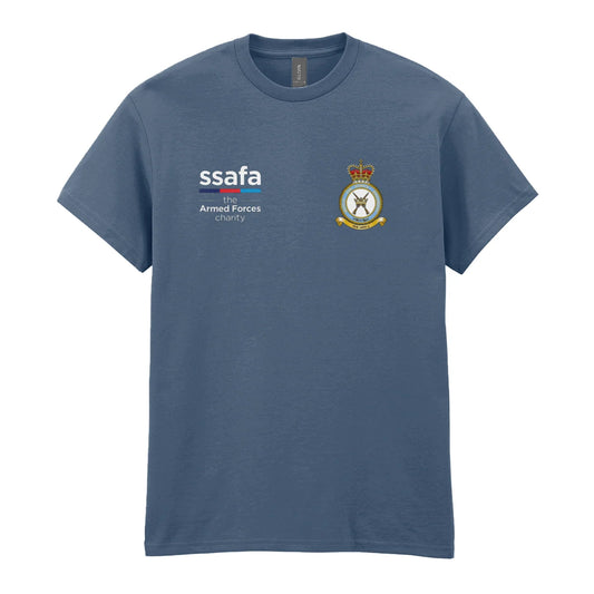 A indigo blue t-shirt showing an MOD licensed RAF Regiment insignia to left chest and SSAFA logo to right chest.