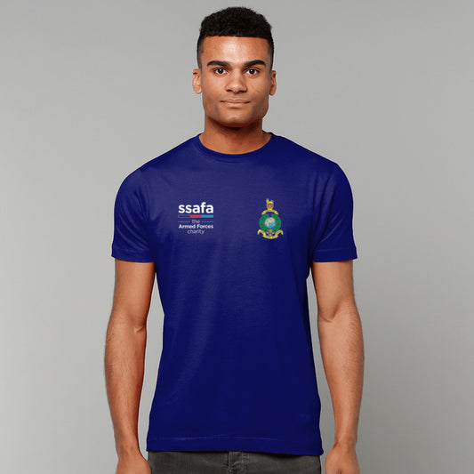 A man wearing a navy short-sleeve t-shirt with 'ssafa' and the Royal Marines insignia logo printed on the left chest and the SSAFA logo to the right, photographed against a neutral grey background.