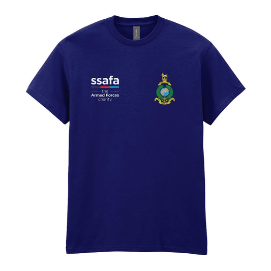 A navy t-shirt showing an MOD licensed Royal Marines insignia to left chest and SSAFA logo to right chest.