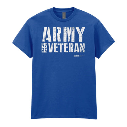 An royal blue short-sleeve t-shirt with a distressed white graphic reading 'ARMY VETERAN' and a Union Jack flag design on the chest, shown against a plain white background.