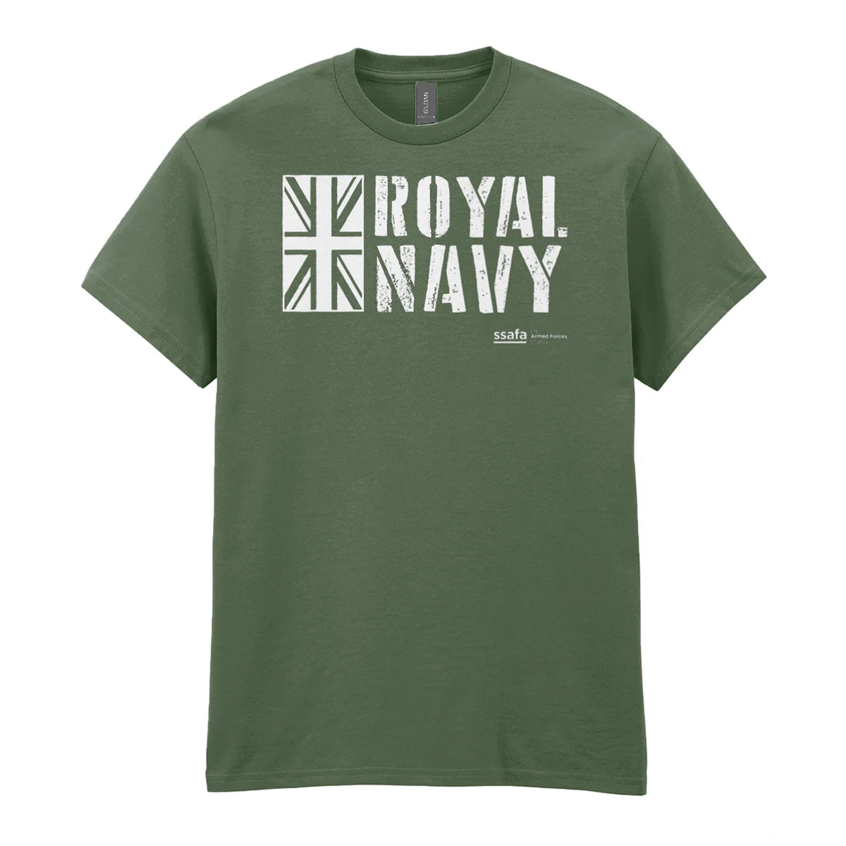 A military green short-sleeve t-shirt with a distressed white graphic reading 'ROYAL NAVY' and a Union Jack flag design on the chest, shown against a plain white background.
