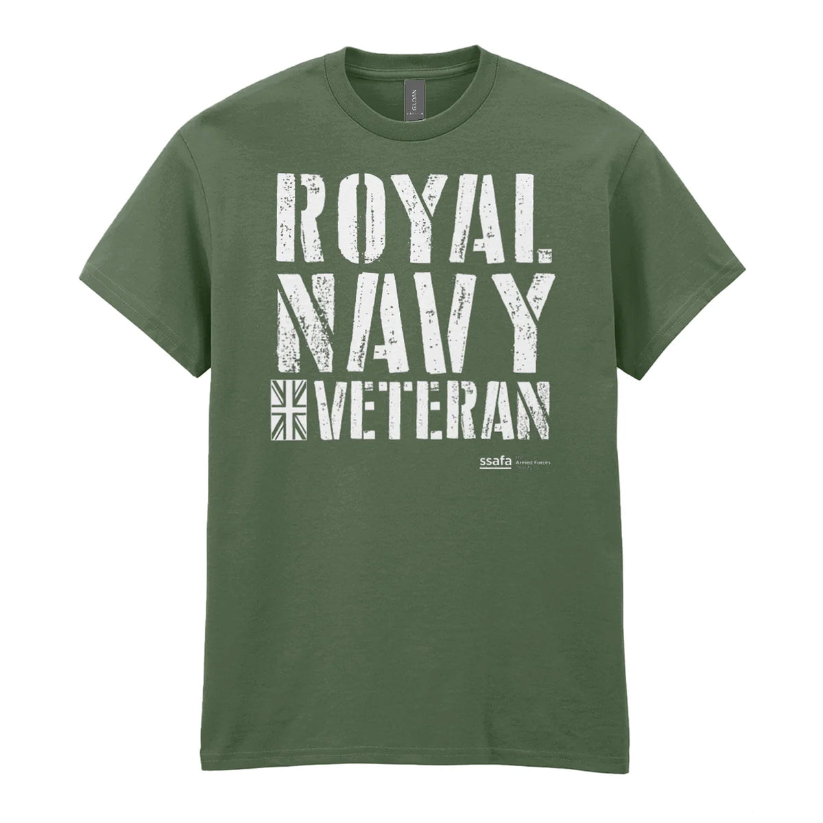 A military green short-sleeve t-shirt with a distressed white graphic reading 'ROYAL NAVY VETERAN' and a Union Jack flag design on the chest, shown against a plain white background.