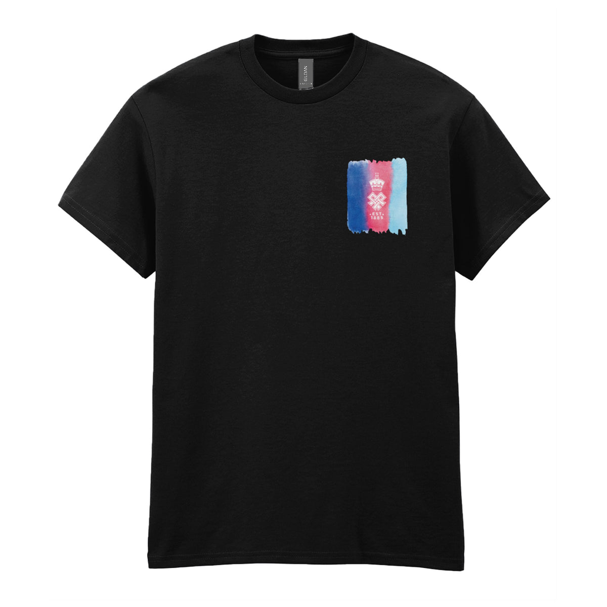 A Black short-sleeve crewneck t-shirt featuring a small rectangular chest graphic with a watercolor-style design in blue, red, and light blue, with the SSAFA crest overlaid.