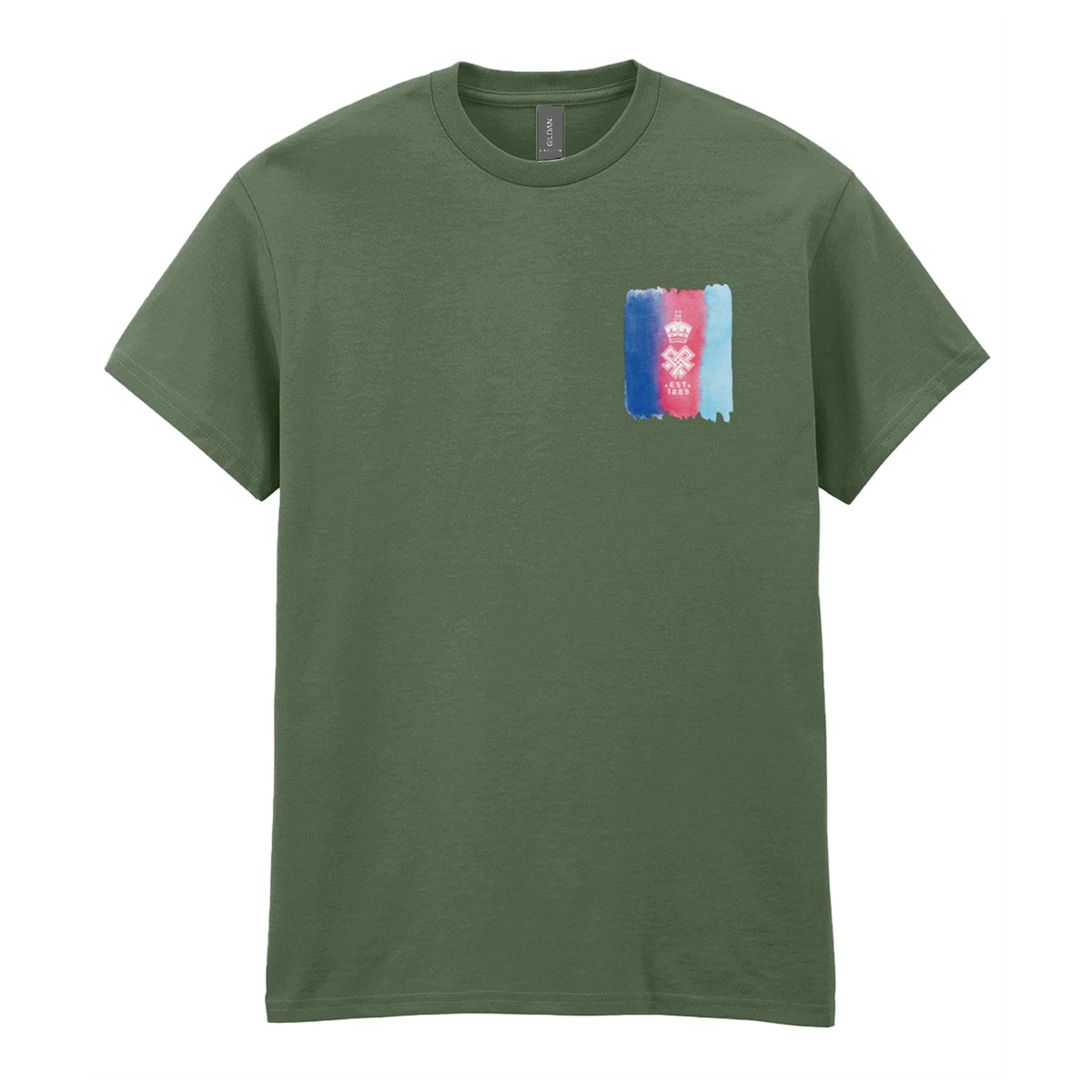 A Military Green short-sleeve crewneck t-shirt featuring a small rectangular chest graphic with a watercolor-style design in blue, red, and light blue, with the SSAFA crest overlaid.