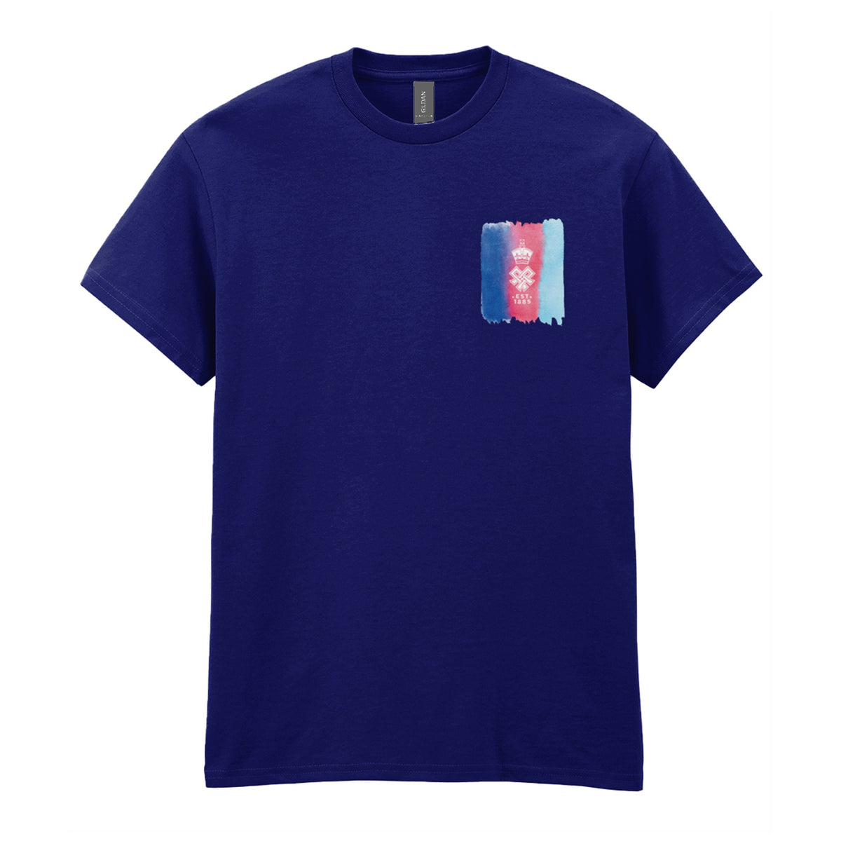 A Navy short-sleeve crewneck t-shirt featuring a small rectangular chest graphic with a watercolor-style design in blue, red, and light blue, with the SSAFA crest overlaid.