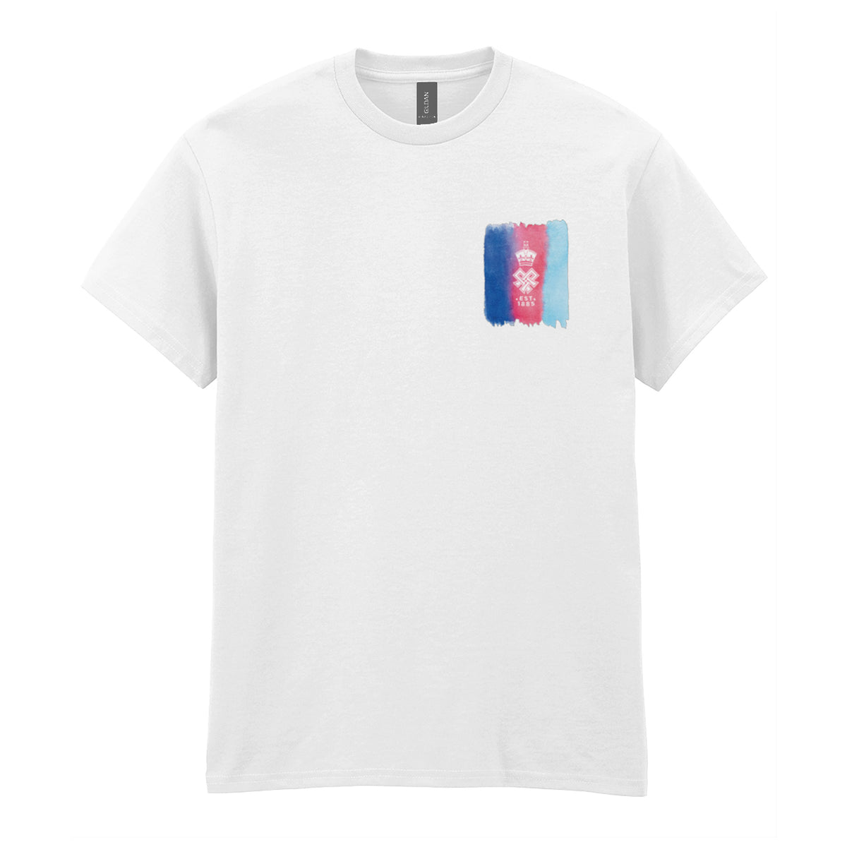 A white short-sleeve crewneck t-shirt featuring a small rectangular chest graphic with a watercolor-style design in blue, red, and light blue, with the SSAFA crest overlaid.