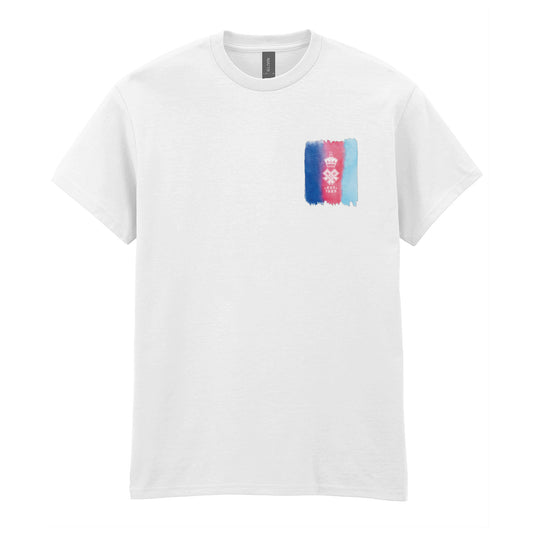 A white short-sleeve crewneck t-shirt featuring a small rectangular chest graphic with a watercolor-style design in blue, red, and light blue, with the SSAFA crest overlaid.