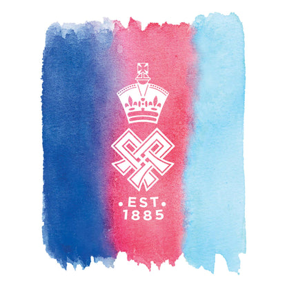 A square watercolor-style graphic with vertical navy, red and blue brushstrokes on a white background, featuring a white crown and interlocking geometric emblem with the text 'EST. 1885' centered.
