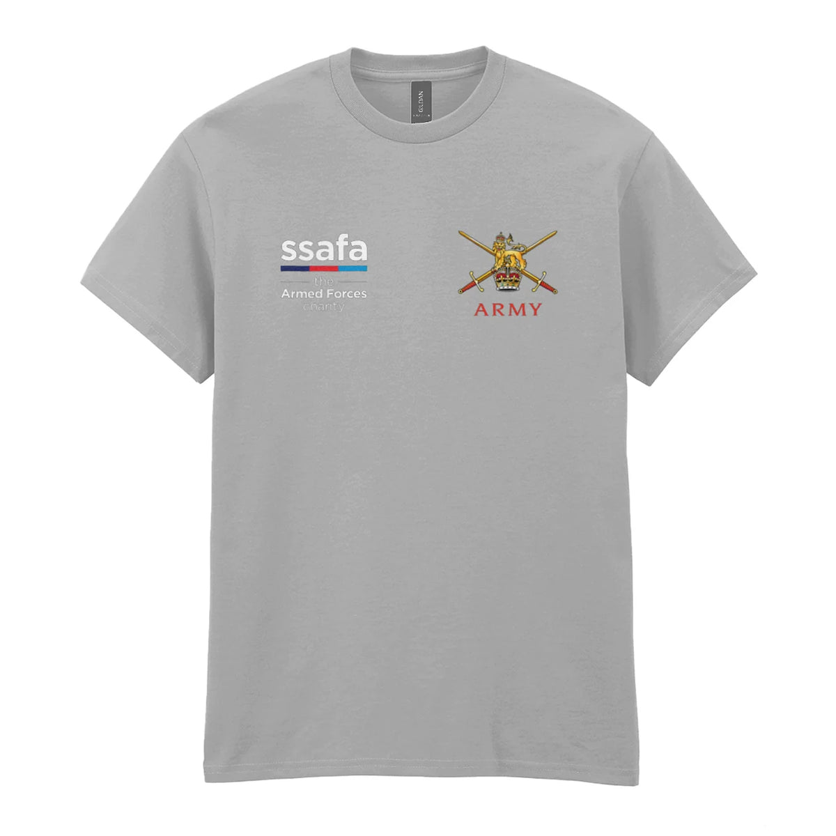 A sports grey t-shirt showing an MOD licensed Army insignia (King's Crown) to left chest and SSAFA logo to right chest.