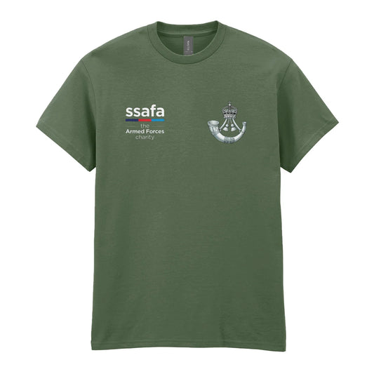 A military green t-shirt showing an MOD licensed The Rifles (King's Crown) insignia to left chest and SSAFA logo to right chest.