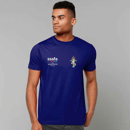 A man wearing a navy short-sleeve t-shirt with 'ssafa' and Royal Electrical and Mechanical Engineers (REME) insignia (King's Crown) printed on the chest, photographed against a solid grey studio background.
