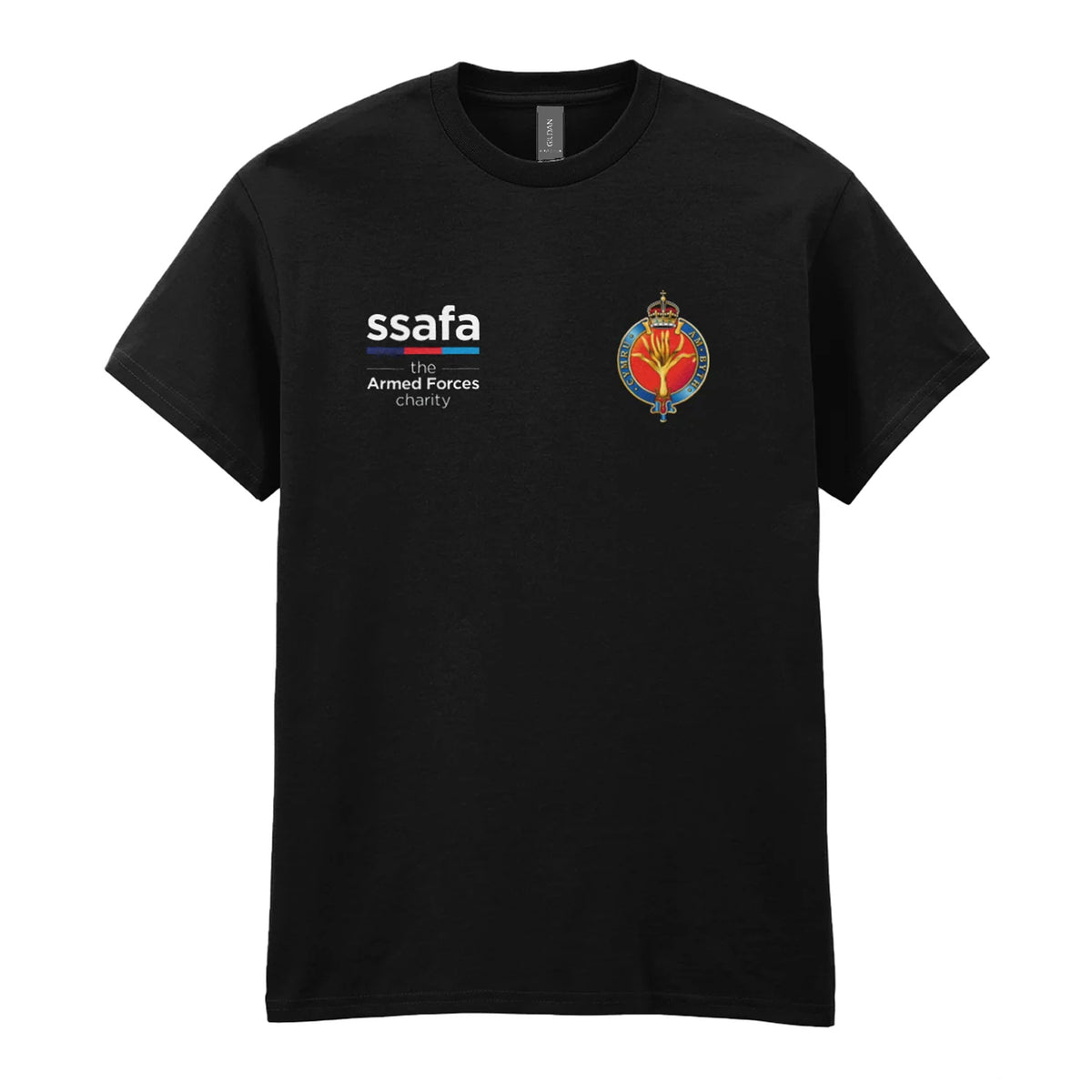 A black t-shirt showing an MOD licensed Welsh Guards (King's Crown) insignia to left chest and SSAFA logo to right chest.
