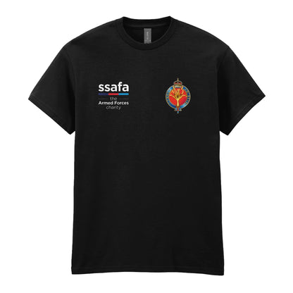A black t-shirt showing an MOD licensed Welsh Guards (King's Crown) insignia to left chest and SSAFA logo to right chest.