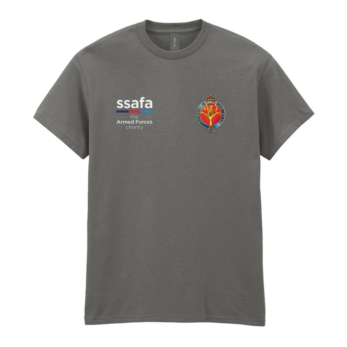 A charcoal t-shirt showing an MOD licensed Welsh Guards (King's Crown) insignia to left chest and SSAFA logo to right chest.