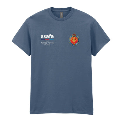 A indigo blue t-shirt showing an MOD licensed Welsh Guards (King's Crown) insignia to left chest and SSAFA logo to right chest.