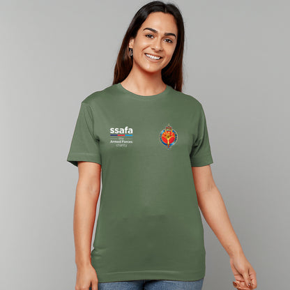 A woman wearing a military green t-shirt showing an MOD licensed Welsh Guards (King's Crown) insignia to left chest and SSAFA logo to right chest.