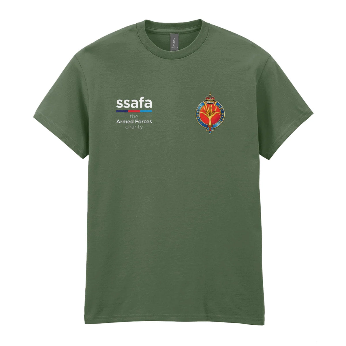 A military green t-shirt showing an MOD licensed Welsh Guards (King's Crown) insignia to left chest and SSAFA logo to right chest.