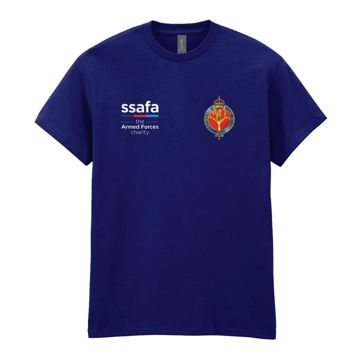 A navy t-shirt showing an MOD licensed Welsh Guards (King's Crown) insignia to left chest and SSAFA logo to right chest.