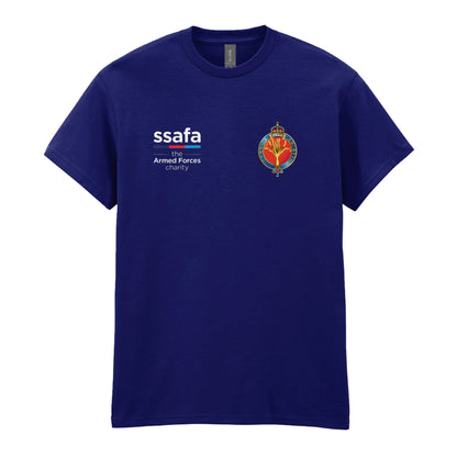 A navy t-shirt showing an MOD licensed Welsh Guards (King's Crown) insignia to left chest and SSAFA logo to right chest.