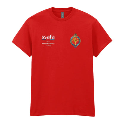 A red t-shirt showing an MOD licensed Welsh Guards (King's Crown) insignia to left chest and SSAFA logo to right chest.