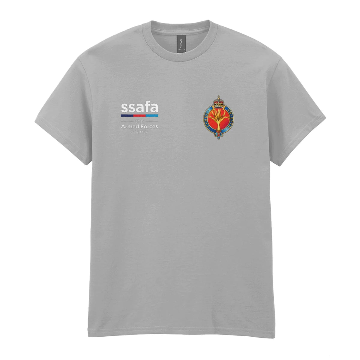 A sports grey t-shirt showing an MOD licensed Welsh Guards (King's Crown) insignia to left chest and SSAFA logo to right chest.