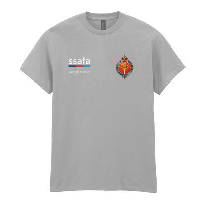 A sports grey t-shirt showing an MOD licensed Welsh Guards (King's Crown) insignia to left chest and SSAFA logo to right chest.