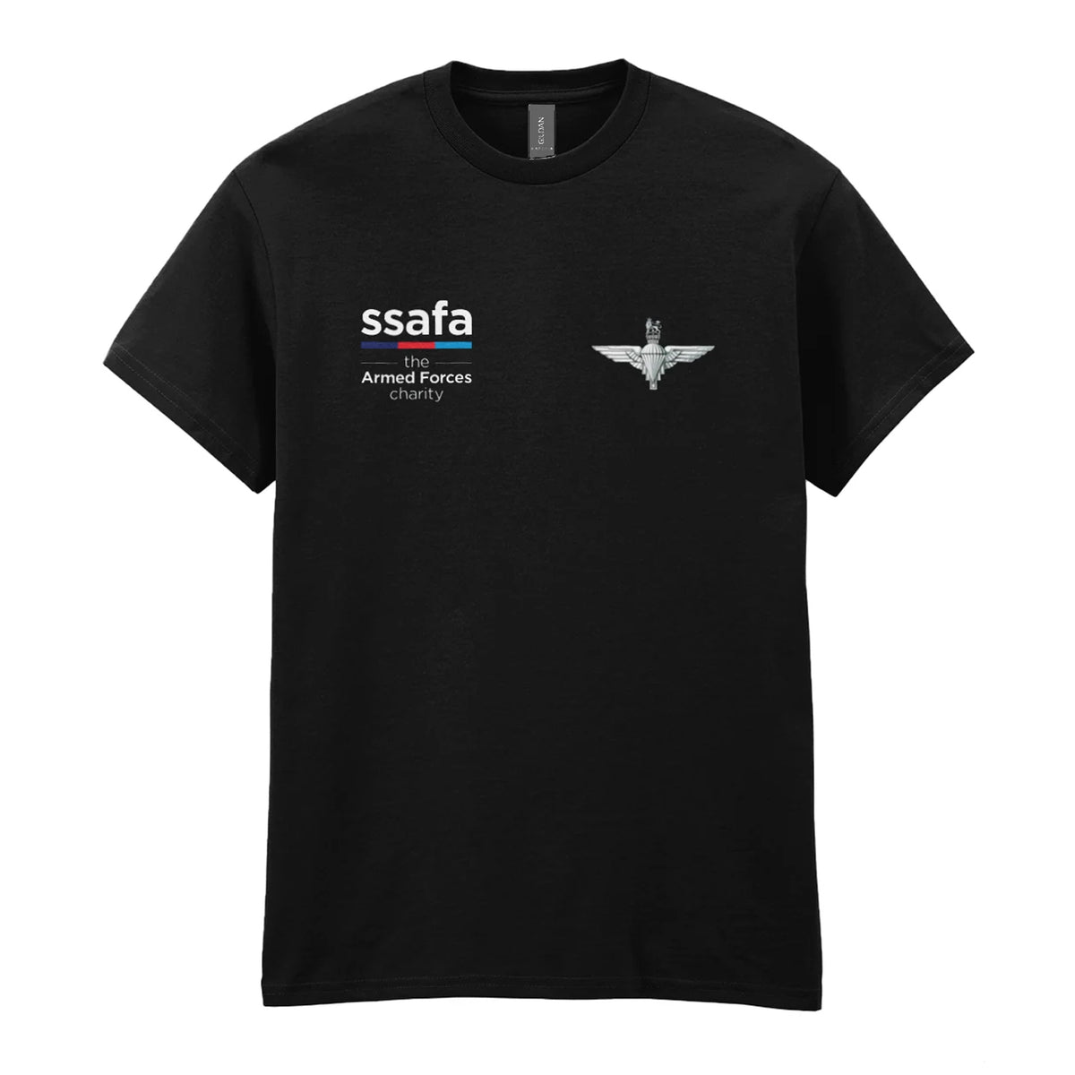A black t-shirt showing an MOD licensed Parachute Regiment (King's Crown) insignia to left chest and SSAFA logo to right chest.