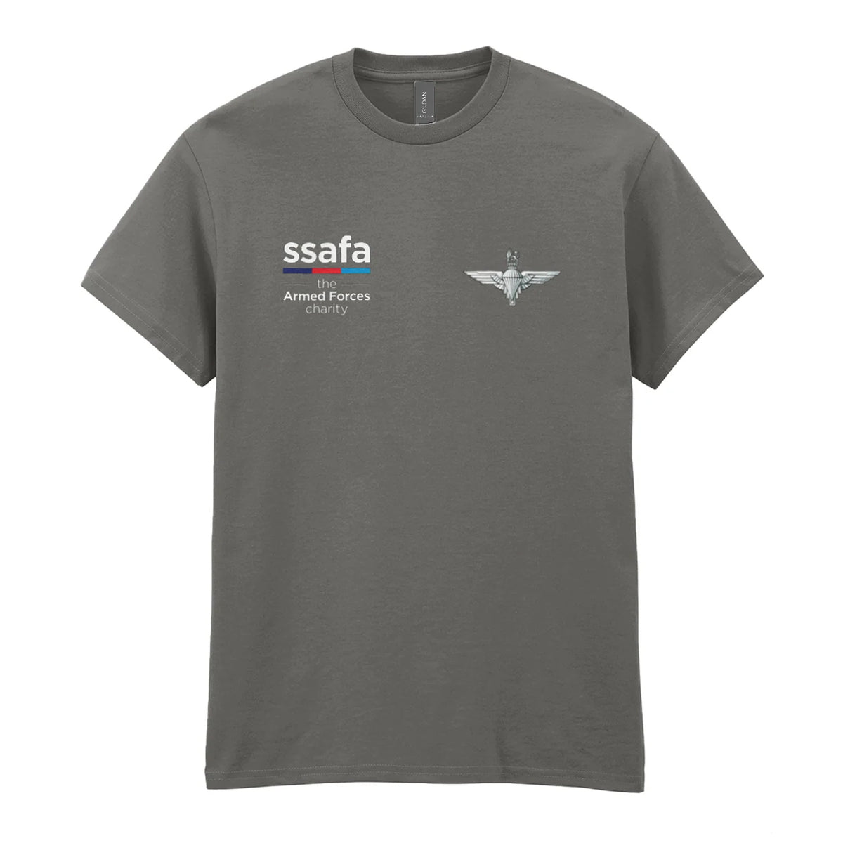 A charcoal t-shirt showing an MOD licensed Parachute Regiment (King's Crown) insignia to left chest and SSAFA logo to right chest.