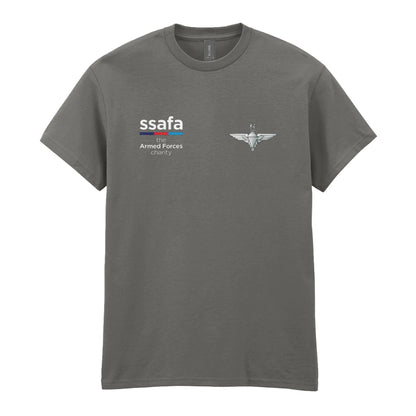 A charcoal t-shirt showing an MOD licensed Parachute Regiment (King's Crown) insignia to left chest and SSAFA logo to right chest.