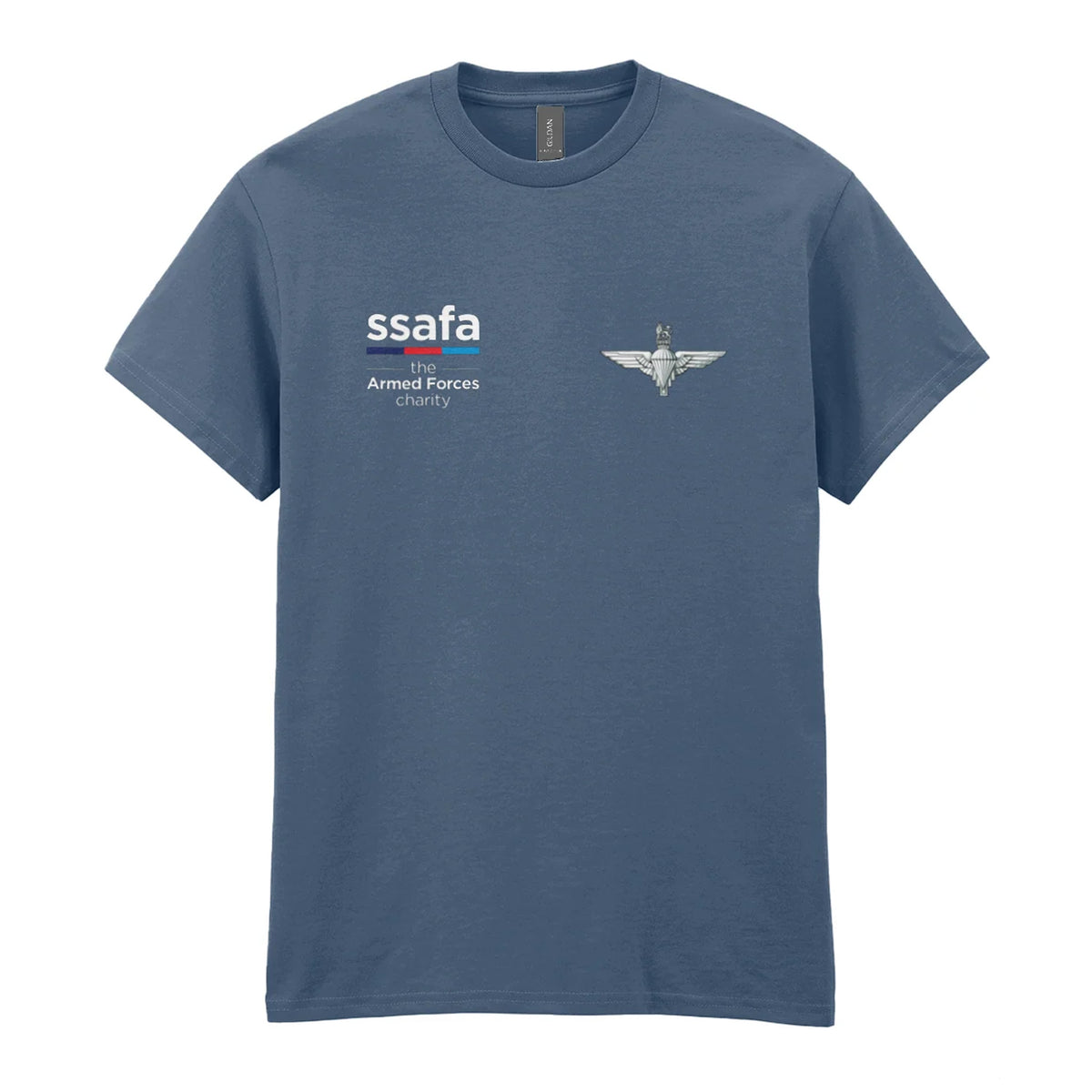 A indigo blue t-shirt showing an MOD licensed Parachute Regiment (King's Crown) insignia to left chest and SSAFA logo to right chest.