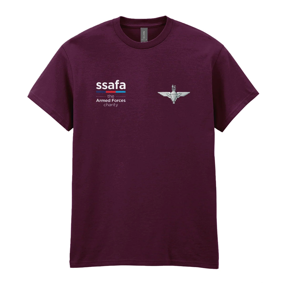 A maroon t-shirt showing an MOD licensed Parachute Regiment (King's Crown) insignia to left chest and SSAFA logo to right chest.