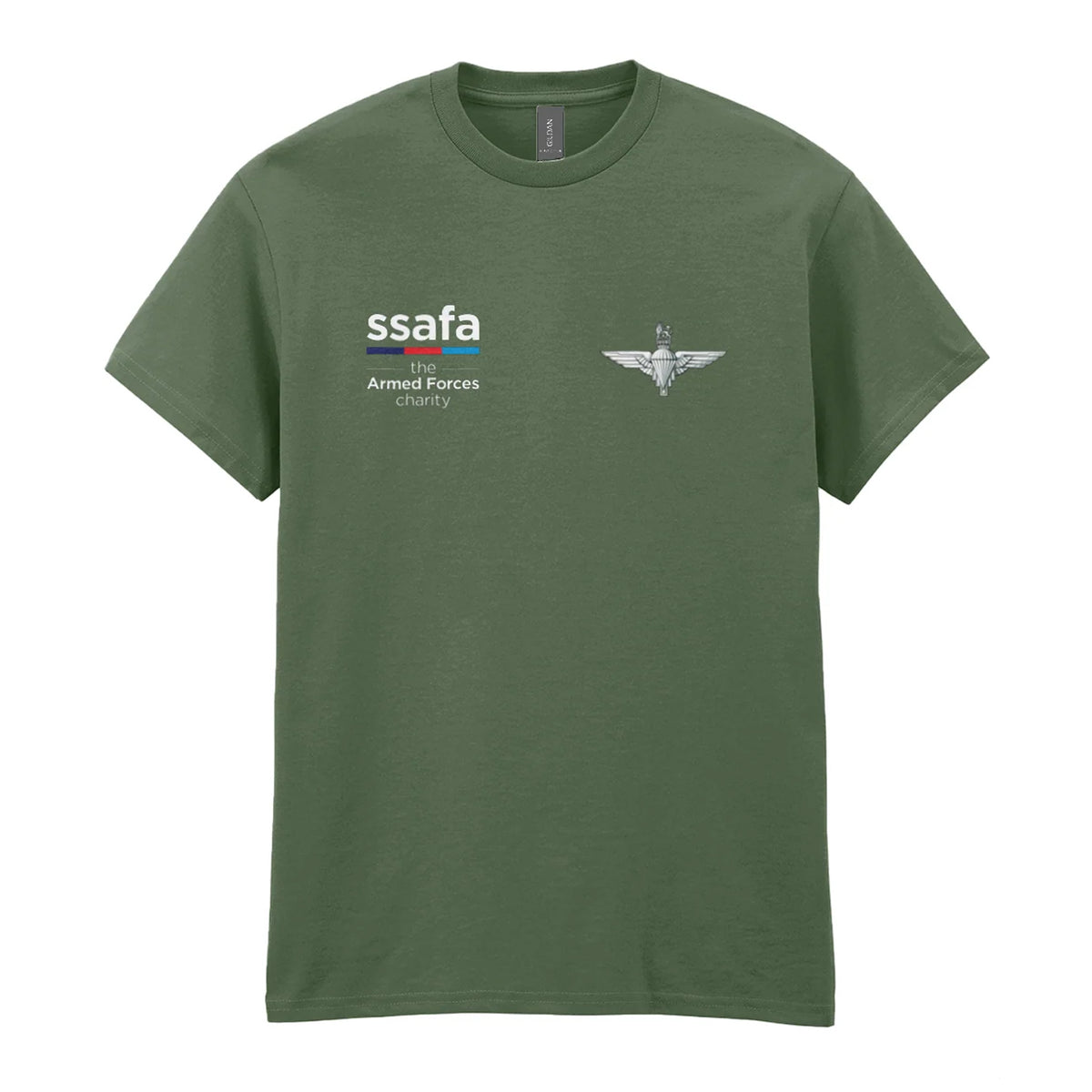 A military green t-shirt showing an MOD licensed Parachute Regiment (King's Crown) insignia to left chest and SSAFA logo to right chest.