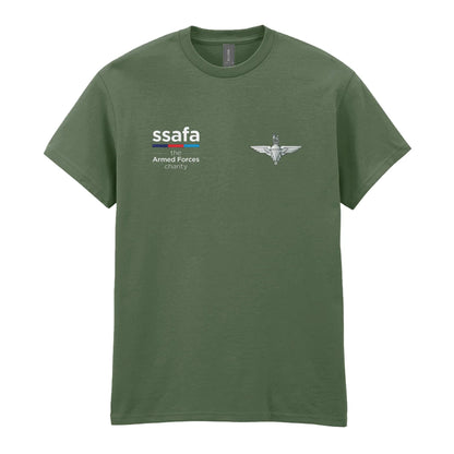A military green t-shirt showing an MOD licensed Parachute Regiment (King's Crown) insignia to left chest and SSAFA logo to right chest.