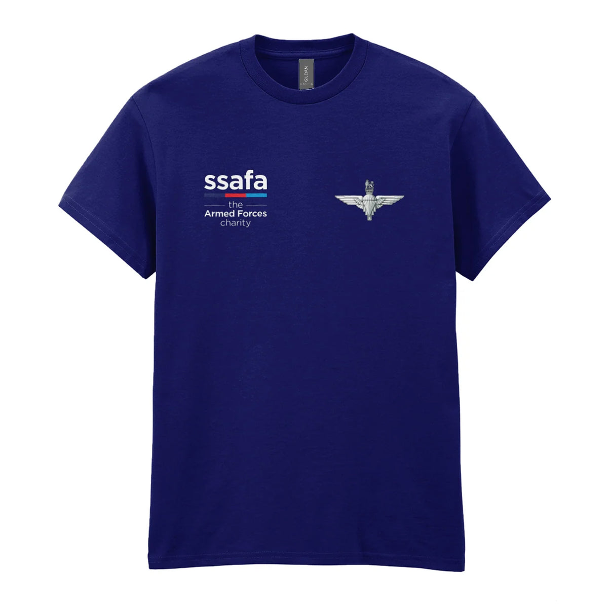 A navy t-shirt showing an MOD licensed Parachute Regiment (King's Crown) insignia to left chest and SSAFA logo to right chest.