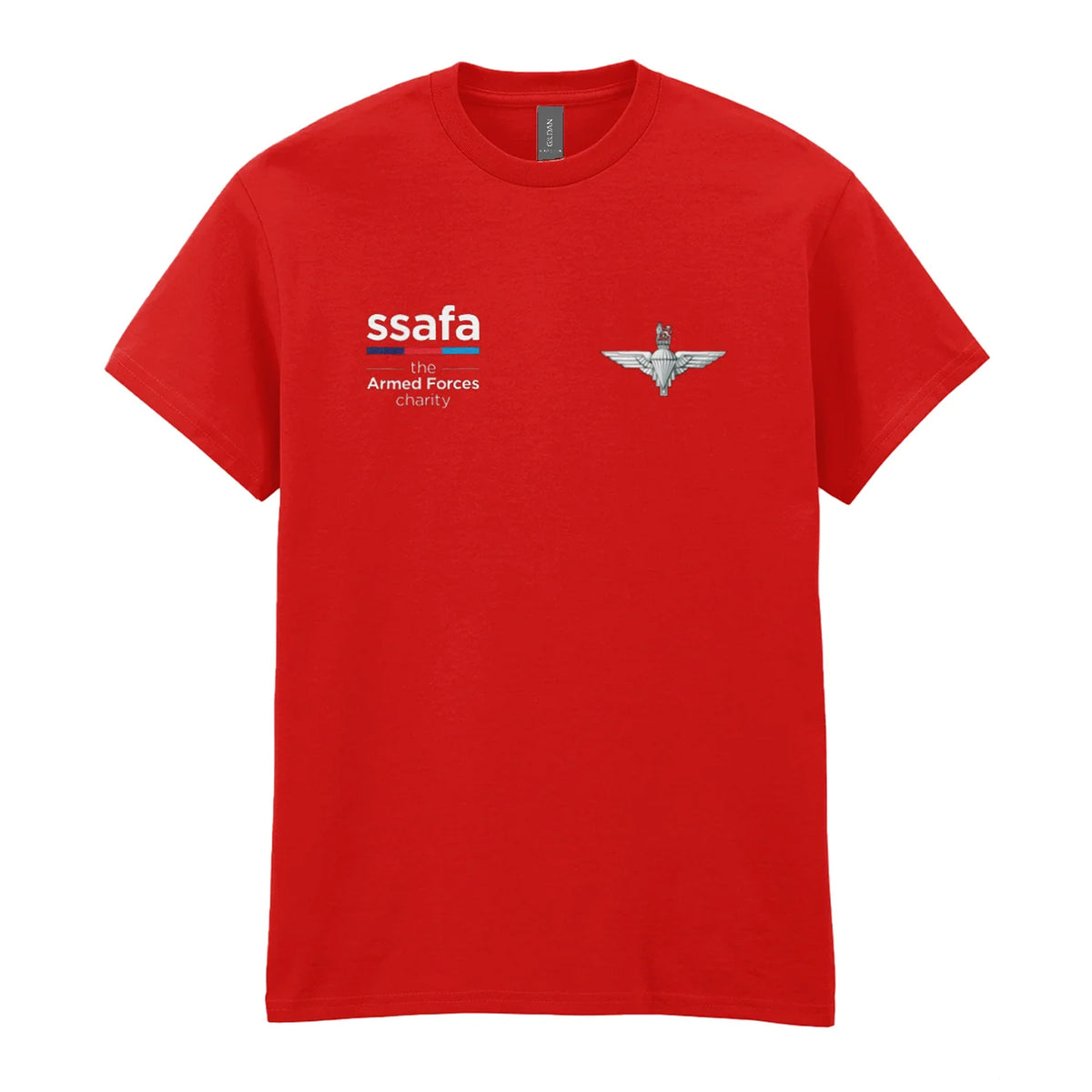 A red t-shirt showing an MOD licensed Parachute Regiment (King's Crown) insignia to left chest and SSAFA logo to right chest.