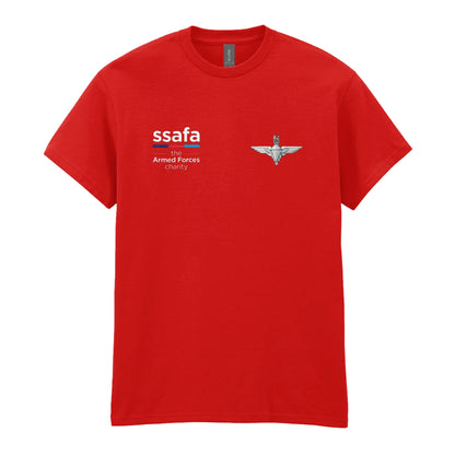 A red t-shirt showing an MOD licensed Parachute Regiment (King's Crown) insignia to left chest and SSAFA logo to right chest.