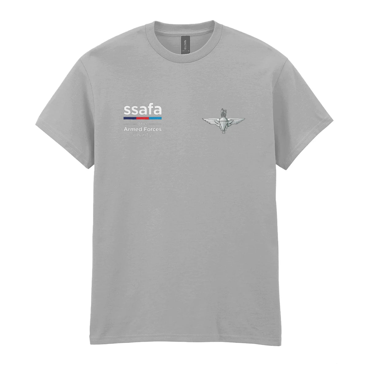 A sports grey t-shirt showing an MOD licensed Parachute Regiment (King's Crown) insignia to left chest and SSAFA logo to right chest.
