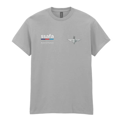 A sports grey t-shirt showing an MOD licensed Parachute Regiment (King's Crown) insignia to left chest and SSAFA logo to right chest.