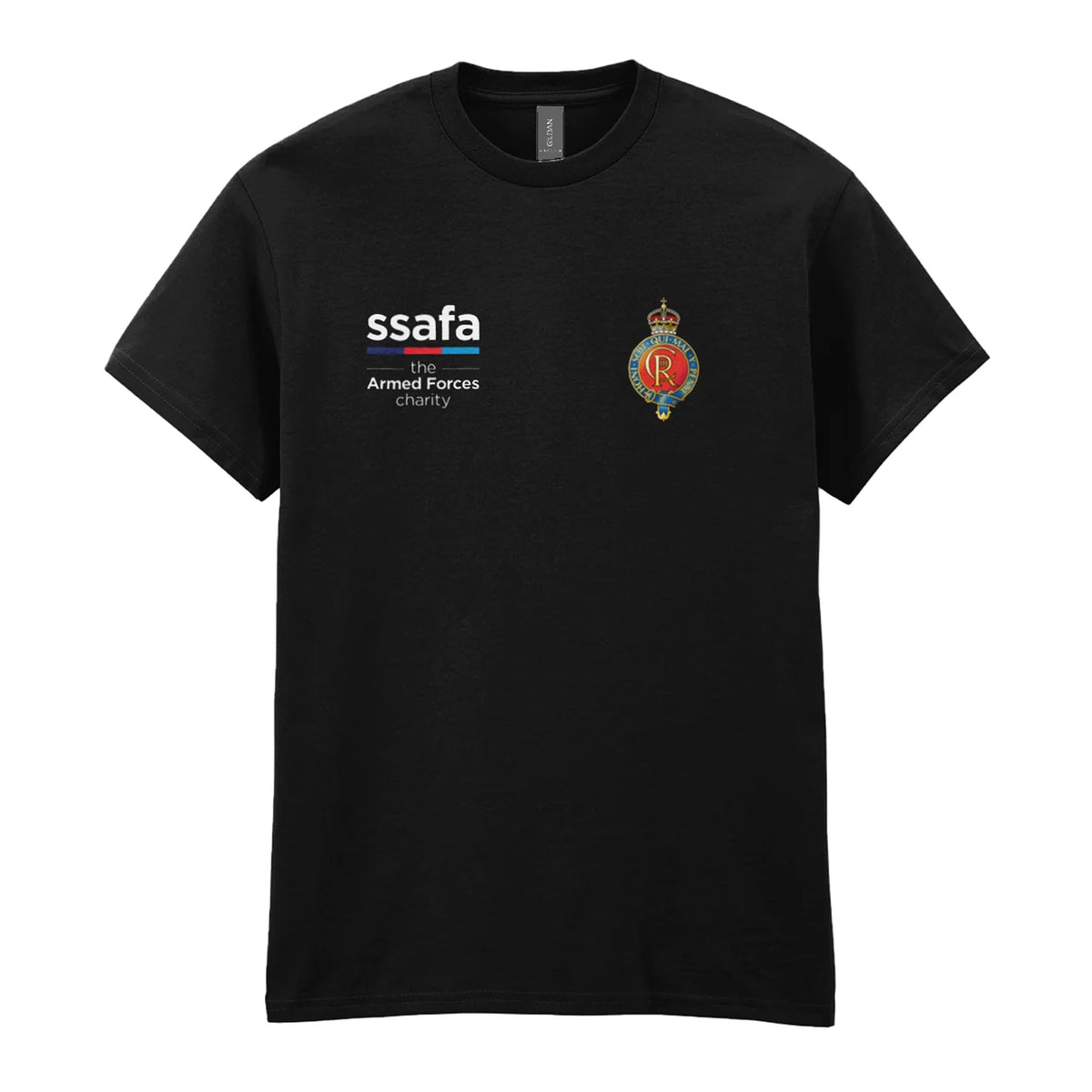 A black t-shirt showing an MOD licensed Household Cavalry (King's Crown) insignia to left chest and SSAFA logo to right chest.
