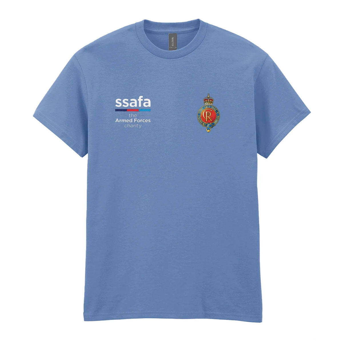 A carolina blue t-shirt showing an MOD licensed Household Cavalry (King's Crown) insignia to left chest and SSAFA logo to right chest.
