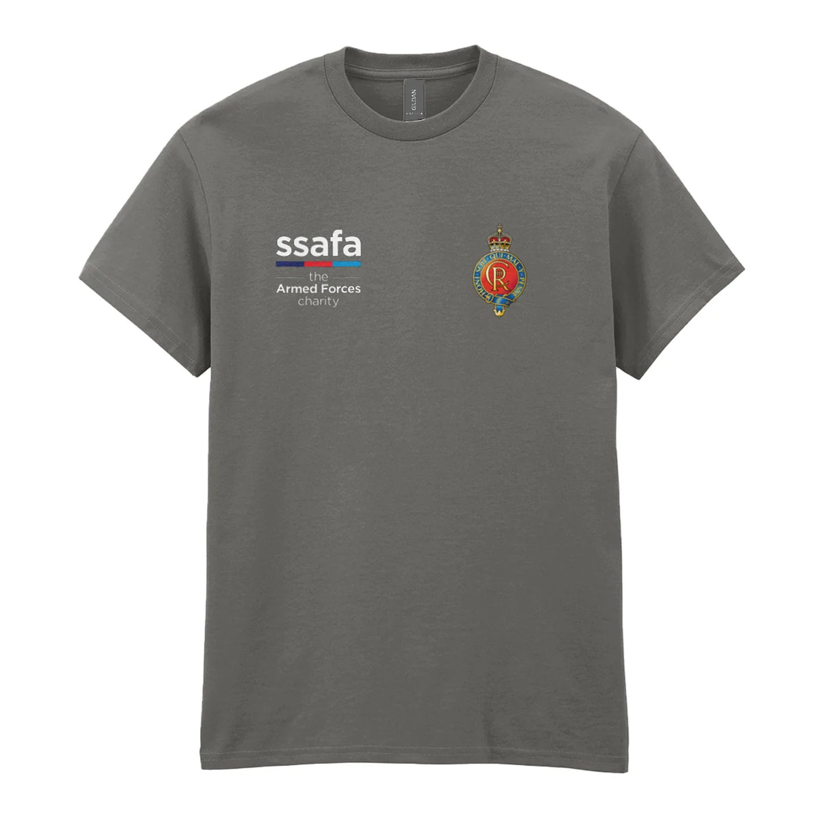 A charcoal t-shirt showing an MOD licensed Household Cavalry (King's Crown) insignia to left chest and SSAFA logo to right chest.
